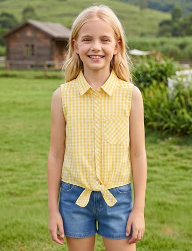 Image of Noomelfish Girls Sleeveless Button Down Shirt Tie Knot Blouse Western Cowgirl Outfit (5-12 Years)
