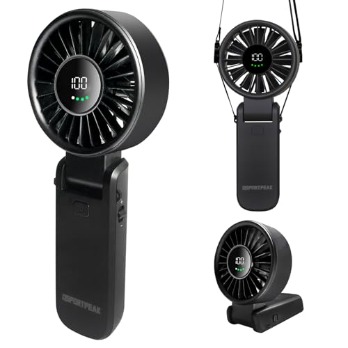 QSPORTPEAK Ventilatore portatile, potente ventilatore portatile con display LED, 5 Velocità, massimo 12 ore, 4000 mAh, 3 in 1 mano/scrivania/collo ventilatore, Viaggi/Campeggio/All'aperto-Nero