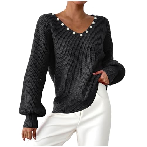 Womens V Neck Sweaters 2025 Trendy Casual Solid Color Long Sleeve Ribbed Knit Pullover Tops with Decorative Buttons