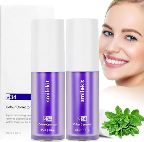 Purple Blanqueador dental V34,Blanqueamiento Dental Pasta de Dientes Morada,Pasta de Dientes Blanqueadora,Pasta Blanqueadora dientes,Corrector de Color dientes,Teeth Whitening de Viaje (2PCS)