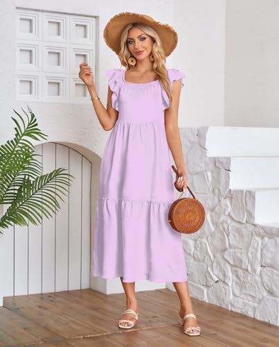Verão feminino estilo boêmio sem mangas decote quadrado evasê solto praia vestido longo (Purple,Medi