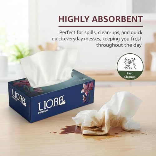 Image of Liora 2 Ply Facial Tissue Box (Pack of 4) | 400 Sheets Total | Soft, Strong & Highly Absorbent Facial Tissue Paper | Premium Virgin Pulp Face Tissues for Home, Office, Car & Travel Use | Skin Friendly