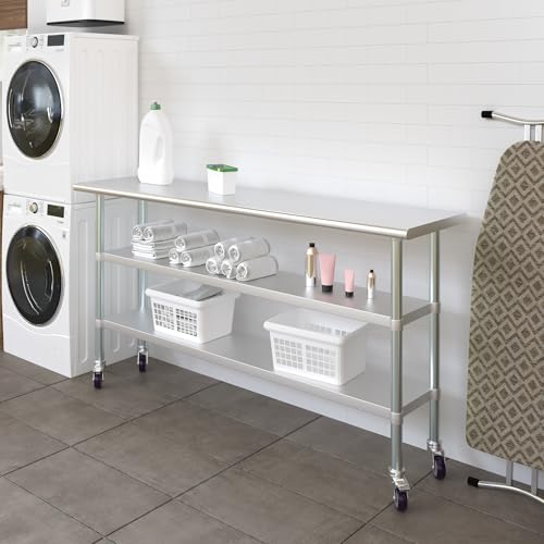 Image of AmGood Stainless Steel Work Table with 2 Shelves and Casters | Metal Utility Table On Wheels (Stainless Steel Work Table with 2 Shelves + Casters, 72 inch Long x 18 inch Deep)