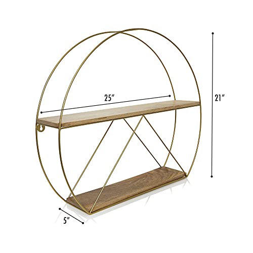 Kimisty Gold Round Wall Shelves, Large Circular Floating Shelf For Bathroom, Living Room, Kitchen And Bedroom, Brass Geometric Wall Decor, Metal Sconce Shelf With Mango Wood, Boho Accent Display #TOP1