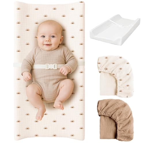 Image of Konssy Muslin Changing Pad with Waterproof Lining Foam, Includes 2 Pack Soft & Cotton Cover, Baby Diaper Changing Pad for Dresser or Table, 32x16 inches (Sun,Camel)
