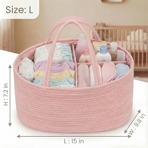 Image of luxury little Diaper Caddy Organizer, Large Cotton Rope Nursery Baby Basket, Changing Table Organizer for Baby Diaper Storage, Portable Car Organizer Removable Divider (Light Pink, Large)