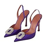 Vertundy Women's Purple Slingback Heels Rhinestone Pumps Pointed Toe Satin Crystal Stiletto High Heeled Sandals Party Wedding Bride Pump Dress Shoes