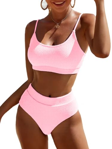 Image of Fanuerg Women's Ribbed High Waisted Bikini Sets Scoop Neck Two Piece Swimsuits Spaghetti Strap Textured Bathing Suit