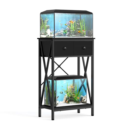 Image of Fish Tank Stand for 5-10 Gallon Fish Tank: Aquarium Stand with Power Outlet - Metal 10 Gallon Tank Stand with Cabinet Drawer Storage for Turtle Tank, Reptile Terrarium (Black, 220LBS Capacity)