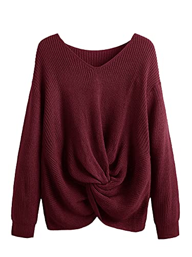 Image of Floerns Women's Plus Size Casual Twist Hem V Neck Long Sleeve Sweater Tops