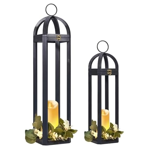 HPC Decor Rustic Farmhouse Lantern Decor-2 Pack Tall 30“ Vintage Wooden Lanterns, Modern Candle Lanterns Decorative w/Light String &Garland for Indoor,Outdoor,Fireplace Mantle Decor,Extra Large Black Cover