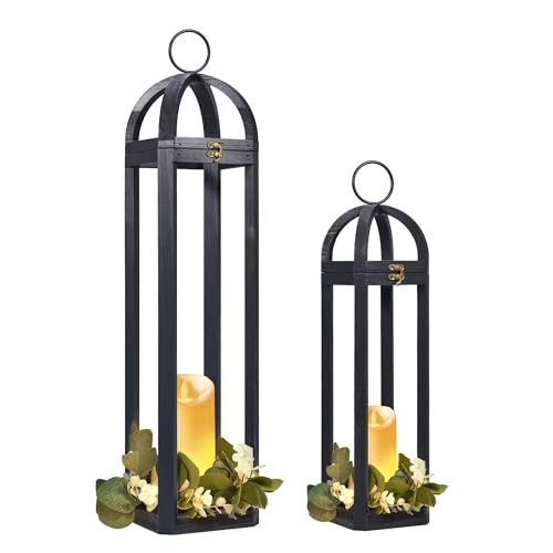 HPC Decor - Juego de 2 faroles rústicos grandes de madera vintage de 30 pulgadas (negro)