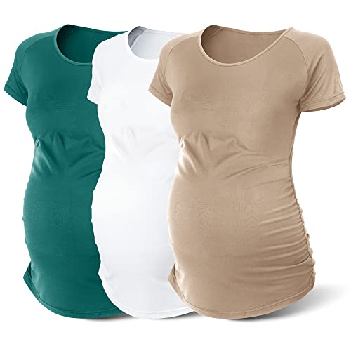 Rnxrbb Summer Maternity T Shirts Clothes Short Sleeve Maternity Tops For Pregnant Women Workout Tee Shirt,Teal&Khaki&White-L #TOP25