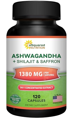 aSquared Nutrition Ashwagandha Supplements for Men & Women + Shilajit & Saffron - 120 Capsules - Pure Root Powder Complex - Pills Alternative to Gummies & Drops