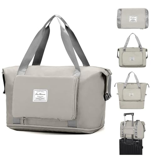 Image of Large Capacity Folding Travel Tote Bag, Oxford Fabric Waterproof Lightweight Foldable Travel Duffel Bag, Portable Expandable Travel Bag, Dry and Wet Separation Carry On Bag for Airplanes (Grey)