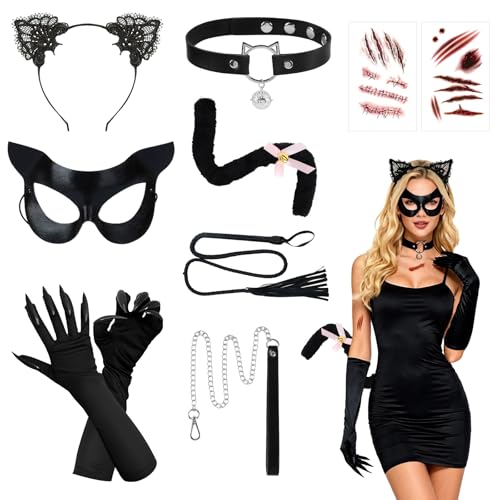 BITOYO Déguisement Chat Femme, 8 PCS Deguisement Cat Woman Adulte Femme, avec Bandeau, Queue, Collier, Masque de Chat Noir, gants, autocollants, et fouet,...
