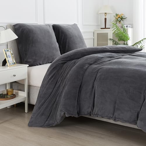 WUMIUER Plüsch Bettwäsche 155x220 cm Schwarz Grau 2tlg Set, Winter Biber Warm Flauschig Bettbezug und 1 Kissenbezug 80x80cm… – Ansicht 5