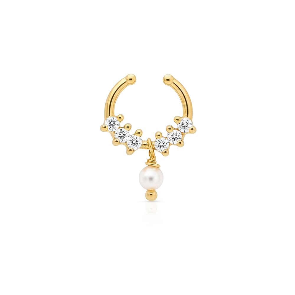 925 Silver Pearl Drop Septum Nose Ring | Curved CZ Row with Faux Pearl Dangle in Gold Finish | Gifts for Women and Girls | With Certificate of Authenticity-image-49