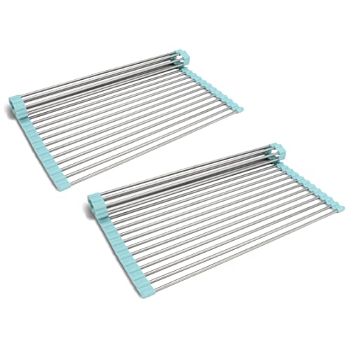 COOK WITH COLOR Roll Up Dish Rack- Over The Sink Mat for Drying Dishes - Silicone Wrapped Stainless Steel Rods, Blue, Double Pack
