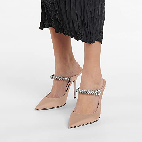 Jimishow Mule Heels Pointed Toe Heeled Mules For Women Strappy Satin Heels Nude Slip On Wedding Shoes Party Dress Sandals Rhinestone Closed Toe Stilettos Size 5-13 Us #TOP2