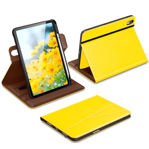 DTTO for iPad A16 Case, iPad 11th / 10th Generation Case (2025/2022), 360 Degree Rotating Premium Leather Folio Stand Cover with Pencil Holder, Yellow