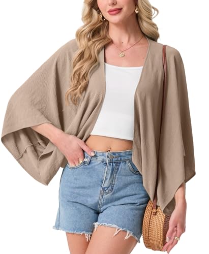 GRECERELLE Women\'s Summer Lightweight Boho Cardigan Open Front Short Sleeve Kimono Bolero Shrug Loose Casual Cover Ups, Light Khaki, L - Thumbnail 2