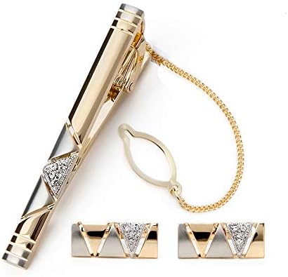 BagTu Two Tone Cufflinks and Tie Clip Set with Gift Box and Greeting Card, Stylish Golden Cufflinks and Tie Clip Gift Set for Men