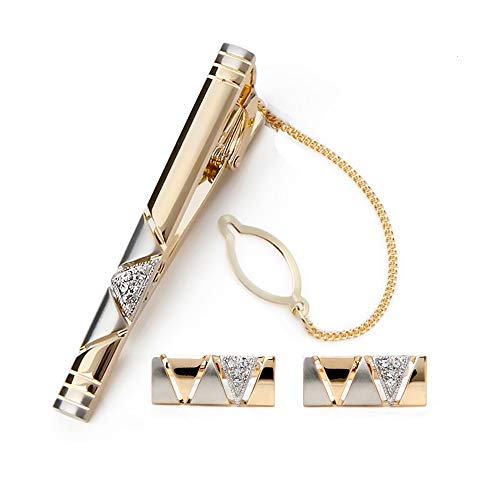 BagTu Two Tone Cufflinks and Tie Clip Set with Gift Box and Greeting Card, Stylish Golden Cufflinks and Tie Clip Gift Set for Men