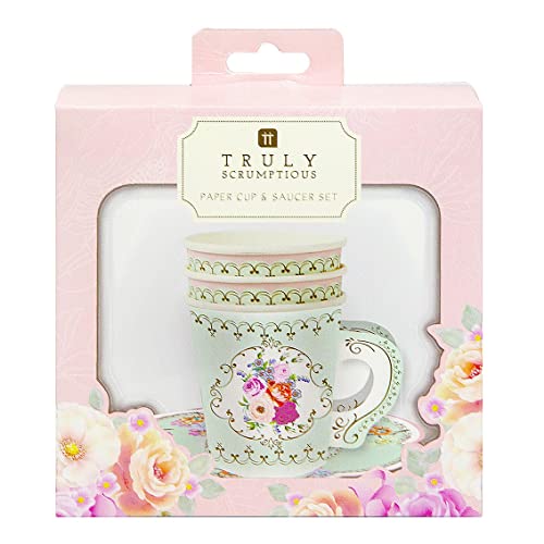 Talking Tables Tea Party Vintage Floral Tea Cups and Saucer Sets | Truly Scrumptious | Also Great For Baby Shower,and Wedding | Paper, 12 Count