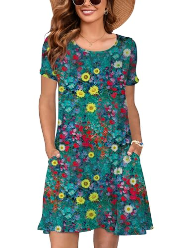 Image of Heymoments Women's Short Sleeve Crewneck Sundress Summer Casual A-Line Beach Dress with Pockets S-2XL
