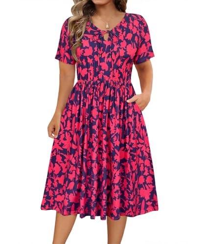Image of RITERA Plus Size Dresses for Curvy Women Short Sleeve V-Neck Summer Dress Floral /Solid Midi Sundress with Pockets XL-5XL