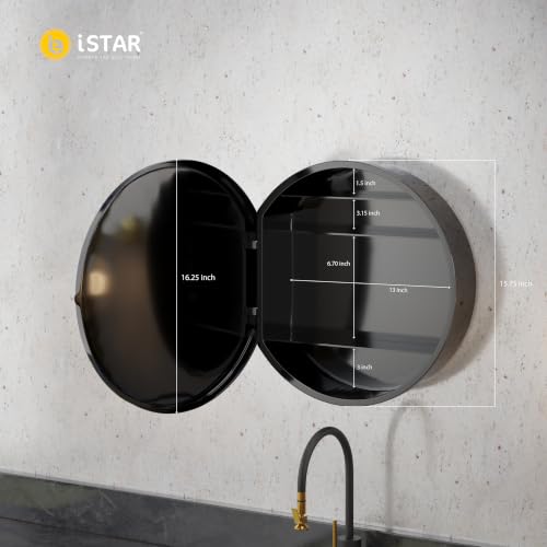 Image of iSTAR Round Wall Mirror with Storage Shelf | Bathroom Vanity Cabinet with Hidden Storage Cabinet | Wall Mounted, Bathroom, Bedroom, Living Room
