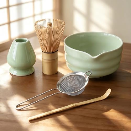 Matcha Whisk Set with Ceramic Bowl - Complete Matcha Making Kit Bamboo Whisk (Chasen) Whisk Holder Matcha Powder Sifter Scoop Japanese Tea Ceremony ToolsGreen
