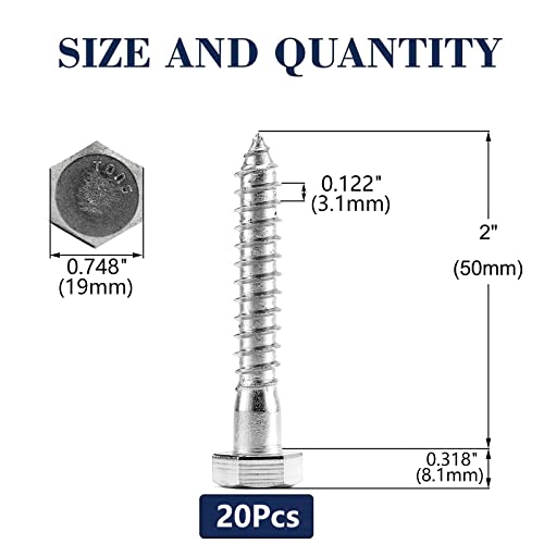 Image of 1 /2 inch x 2 inch Hex Head Lag Screws Bolts 20Pcs 304 Stainless Steel 18-8, Partial Thread, Hexagon Head Wood Screws by SG TZH