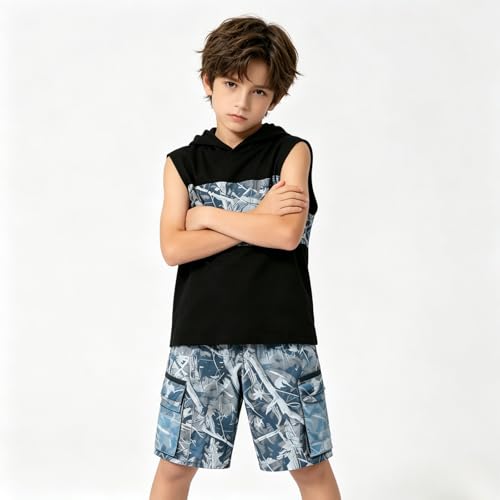 Image of Size 6-12 Years Boys Summer Clothes Hooded Sleeveless Tank Tops Workout Shorts 2 Piece Set Fashion Outfits