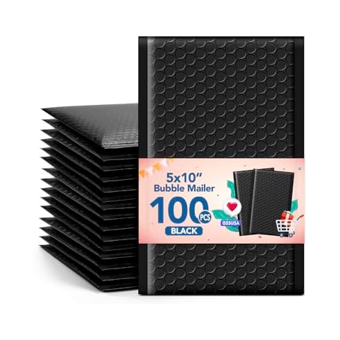 GSSUSA Black Bubble Mailers 5x10" Small Padded Envelopes 100 Pack Usable Size 5X9" Bubble Shipping Envelopes,Strong Adhesion Padded Mailer,Self-Seal Bubble Envelopes for Small Business. Cover