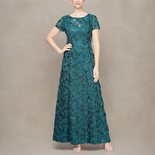 Image of Alex Evenings Women's Long Rosette Mother of The Bride Dress with Short Sleeves