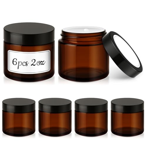 2 oz Glass Jars with Lids 6 Pack Amber Glass Jars with Black Lids Leakproof Round Airtight Empty Cosmetic Travel Containers with Inner Liners For Lotions Powders and Candle Making