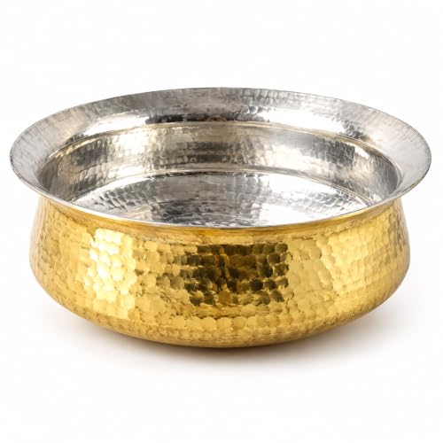 PATRA Brass Lagan 4 Liter Tin-Coated Pure Pital Degchi - Traditional Indian Cooking Pot - Handcrafted Multipurpose Brass Cookware for Daily Use - Durable, Ideal for Indian Food Preparation & Serving