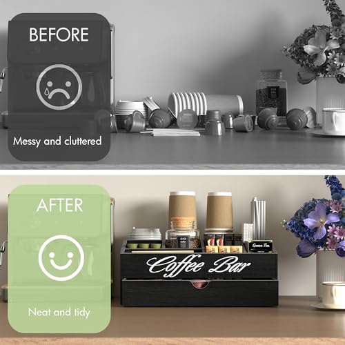 Image of Suli Coffee Bar Station Organizer,Extra Large Wooden Countertop Pods Holder with Drawer,Storage for Condiment Syrup Tea Cups,Rustic Bar Decor for Accessories Organizer (2 Tiers 11 Compartments)-Black