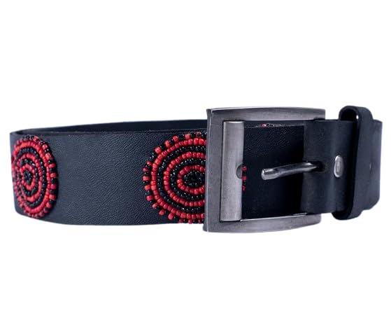 Black Red Beaded Handcrafted Belt for Men & Women | Handmade Leather Belt with Silver Buckle-picture-42
