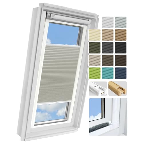 Rollmayer zum Kleben Standard - 14 Stofffarben Kollektion Dachkassettenplissee ohne Bohren Kassetenrollo plissee mit schiene Dachfenster Dachfensterrollos Blickdicht Sonnenschutz, Montage inkl Plissee