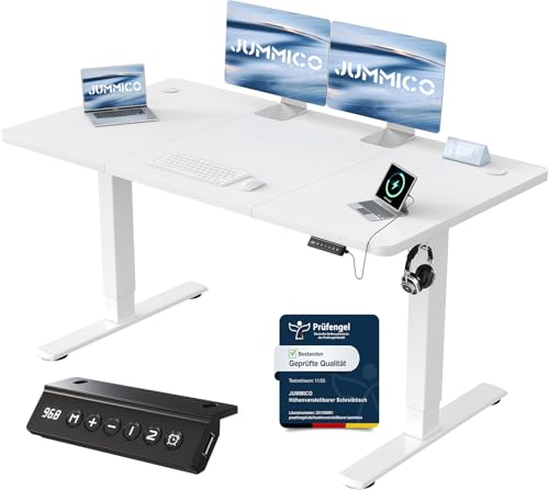 JUMMICO Höhenverstellbarer Schreibtisch mit USB-Ladeanschluss 140 x 60 cm, Schreibtisch Höhenverstellbar Elektrisch, Steh-Sitz Tisch Stehpult Verstellbarer Computertisch,Standing Desk,Weiß