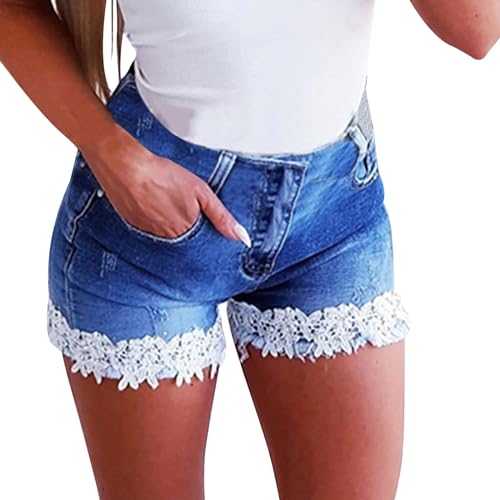 YCBMINGCAN Short en jean pour femme d'été sexy avec bordure en dentelle - Taille moyenne - Short en jean extensible décontracté tendance - Mini short en jean pour...