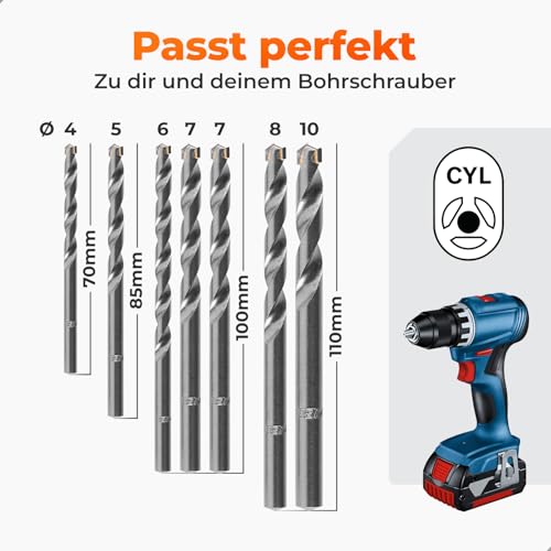 BAUBECK Steinbohrer Set für Akkuschrauber - Premium Stahl - Ø 4/5/6/6/7/8/10mm CYL-3… – Ansicht 5
