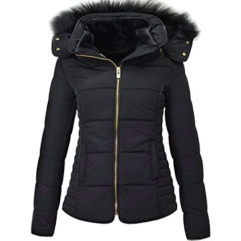 M1427 New Womens Ladies Quilted Winter Coat Puffer Fur Collar Hooded Jacket Parka Size Corrina 2017 (14, Black) Cover