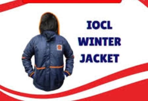 Image of Indian Oil (IOCL) Winter Safety Jacket, Yellow and Blue, Padded Hooded Work Jacket, Industrial Uniform-Dark Blue
