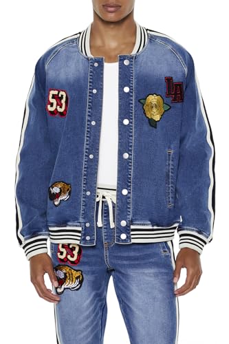 Forever 21 Men's Patch Bomber Jacket, Medium Denim, X-Large