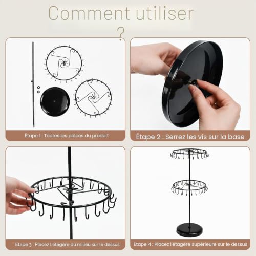 FuxFuis Porte Bijoux Rotatif, Porte Collier Bracelet 2 Niveaux Support de Presentation Bijoux Porte Collier Arbre à Bijoux 46 Crochets Presentoir Organisateur de Collier pour Bagues Boucles d'Oreilles – vue 5
