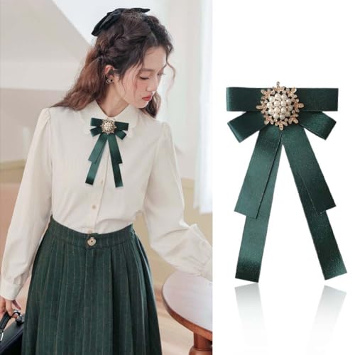 Image of Women Elegant Pearl Ribbon Bow tie Brooches Pin Jewelry Pre-Tied Collar Neck Tie Clip for Lady Girls Wedding Party